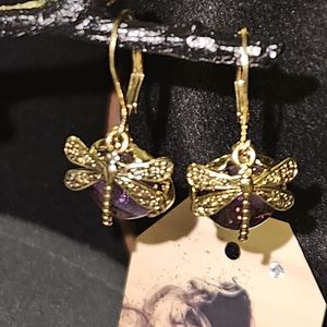 Dragonfly purple stone drop earrings